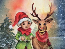 Elf mit Rentier in Aquarell